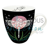 Halip'is (Dragonfly) Signature Mug by artist Carmen Redunante. Her cultural background is Nisga'a. The artist is paid a royalty on every sale.  Mugs are 18 oz., and feature the artist's signature on the inside. They are made of fine china, individually boxed, and are microwave and dishwasher safe.