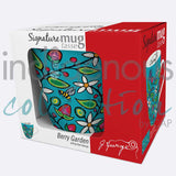 Berry Garden Signature Mug by artist Jeffrey Red George. His cultural background is Ojibway. The artist is paid a royalty on every sale.  Mugs are 18 oz., and feature the artist's signature on the inside. They are made of fine china, individually boxed, and are microwave and dishwasher safe.