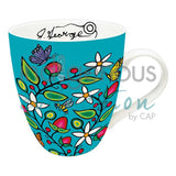 Berry Garden Signature Mug by artist Jeffrey Red George. His cultural background is Ojibway. The artist is paid a royalty on every sale.  Mugs are 18 oz., and feature the artist's signature on the inside. They are made of fine china, individually boxed, and are microwave and dishwasher safe.