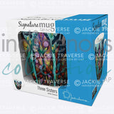 Three Sisters Signature Mug by artist Jackie Traverse. Her cultural background is Anishinaabe. The artist is paid a royalty on every sale.  Mugs are 18 oz., and feature the artist's signature on the inside. They are made of fine china, individually boxed, and are microwave and dishwasher safe.