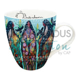 Three Sisters Signature Mug by artist Jackie Traverse. Her cultural background is Anishinaabe. The artist is paid a royalty on every sale.  Mugs are 18 oz., and feature the artist's signature on the inside. They are made of fine china, individually boxed, and are microwave and dishwasher safe.