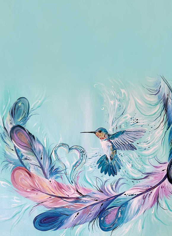 Hummingbird Feathers tea towel by artist Carla Joseph