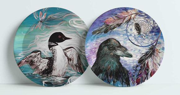 Raven Dream Catcher & Loon with Dragonfly plate set by artist Carla Joseph