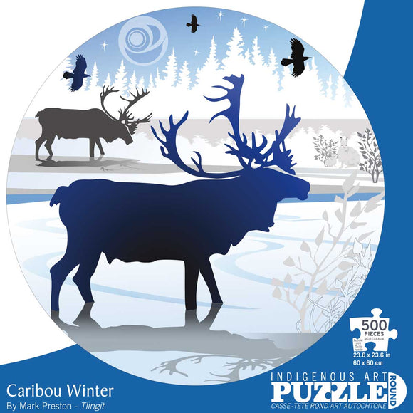 Caribou Winter 500 piece round puzzle by artist Mark Preston